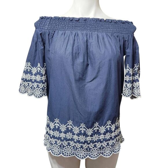 Abercrombie & Fitch vintage eyelet of shoulder top navy white small - Picture 2 of 10